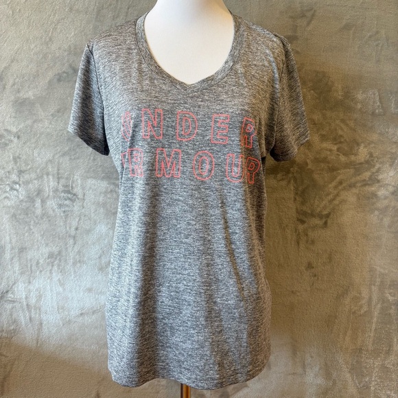 Under Armour Gym Workout Running Heather Gray Tee with Coral Logo Sz M - Picture 1 of 8